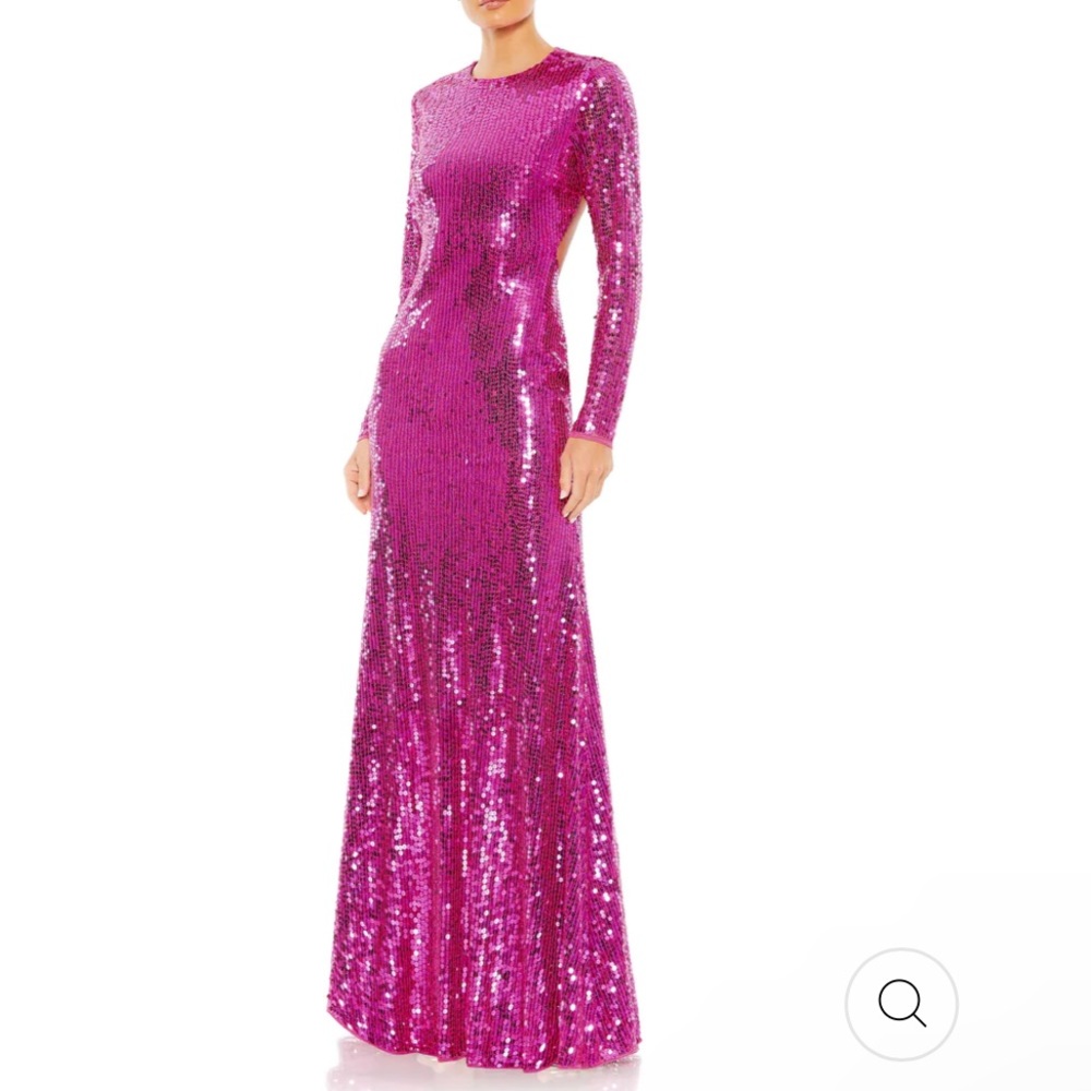 Mac Duggal Fuchsia Sequin Long Sleeve High Neck Open Back Gown 6 NWT Pink 10891